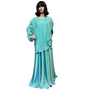 Vintage Lady Helene 80’s Green Crepe Plisse Pleated Drop Waist Dress size 26.5